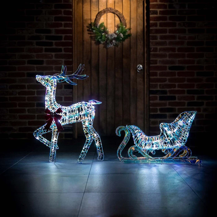 LED Iridescent Reindeer & Sleigh - White - 85cm - image 1